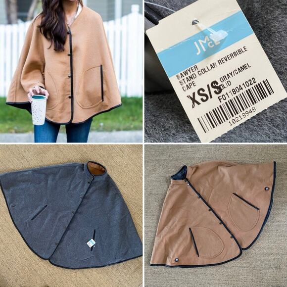 NWT (Small Flaw) J McLaughlin $345 Camel / Gray Wool Reversible Sawyer Cape XS-S - Picture 1 of 16
